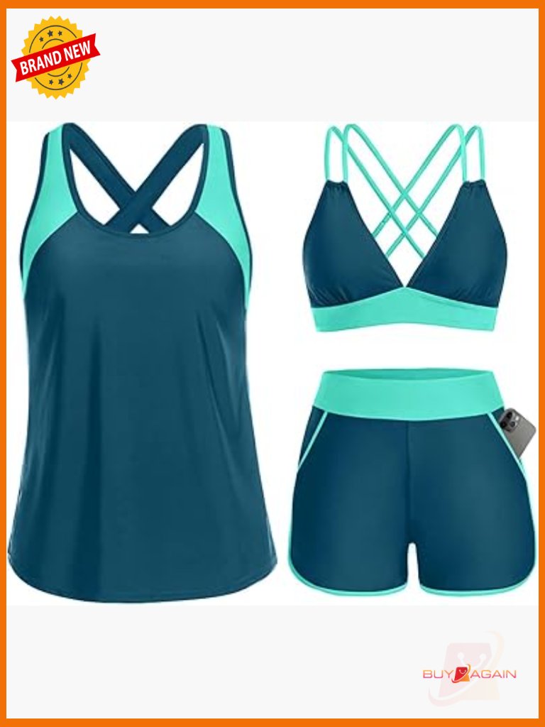 3pc Tankini Set With Tummy Control Top & Swim Bra Tank Top & Shorts